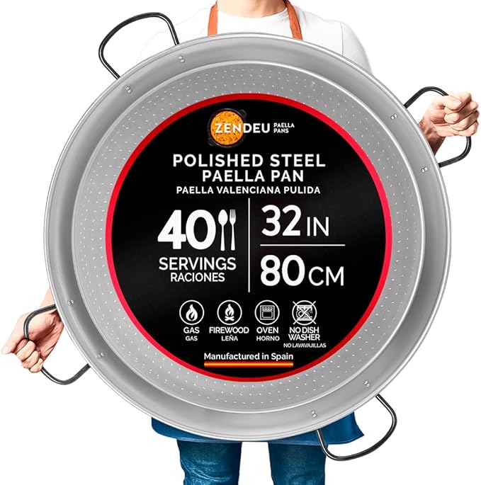 Paella Pan 32 inch (4 Hangers) - Carbon Steel Paella Pan, Made in Spain - Polished Steel, 32 in - 80 cm (40 Servings) Cook your own Spanish Paella