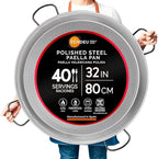 Paella Pan 32 inch (4 Hangers) - Carbon Steel Paella Pan, Made in Spain - Polished Steel, 32 in - 80 cm (40 Servings) Cook your own Spanish Paella