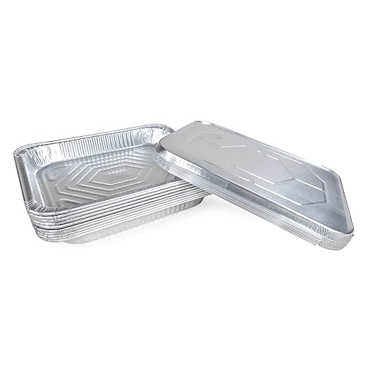 IDL Packaging Half-Size Aluminum Steam Table Pans with Lids - Shallow, 13" x 11" x 1.5" (pack of 10) - Disposable Foil Pan for Grilling, Roasting, BBQ, Cooking, Baking, Freezing