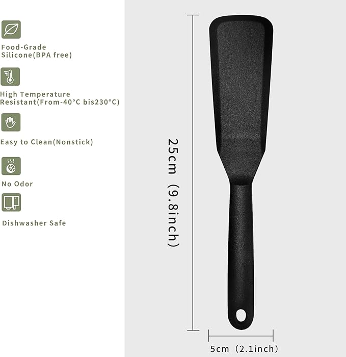 Dioycli Silicone Spatulas for Cooking Heat Resistant Pancake Spatula, Non Stick Long Omelette Spatula Turner Bpa Free 2 Pieces for Crepes Egg Burgers Pizza Cookie（Black）
