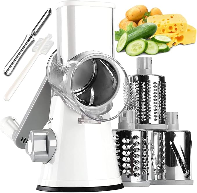 Rotary Cheese Grater with Handle Vegetable Shredder Round Kitchen Slicer Mandoline Grater for Vegetable, Nuts, Chocolate, Chesse, White, 3 Stainless Steel Blades