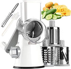 Rotary Cheese Grater with Handle Vegetable Shredder Round Kitchen Slicer Mandoline Grater for Vegetable, Nuts, Chocolate, Chesse, White, 3 Stainless Steel Blades