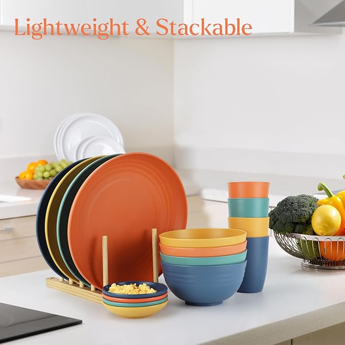 Wheat straw plates and bowls sets of 16 - Unbreakable wheat straw dinnerware sets for kids - Alternative plastic dinnerware set service for 4 - Microwave safe and Dishwasher safe bowls. Colorful