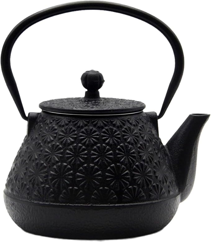 20.3oz Small Cast Iron Teapot, SECHUDO Tea Kettle for Stovetop Safe Coated with Enameled Interior, Japanese Style Tea Pot with Stainless Steel Infuser for Loose Tea (Black Gerbera Pattern)