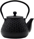 20.3oz Small Cast Iron Teapot, SECHUDO Tea Kettle for Stovetop Safe Coated with Enameled Interior, Japanese Style Tea Pot with Stainless Steel Infuser for Loose Tea (Black Gerbera Pattern)