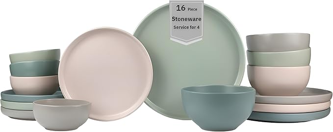Sango 16-Piece Stoneware Dinnerware Set for 4, Satin Glazed Plates and Bowls Sets with Matte Finish, Ceramic Dish Set, Durable Kitchen Dishes, Microwave & Dishwasher Safe Dining, Rollo Artist's Blend