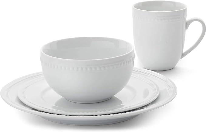 Everyday White by Fitz and Floyd, Beaded 16 Piece Dinnerware Set, Service for 4