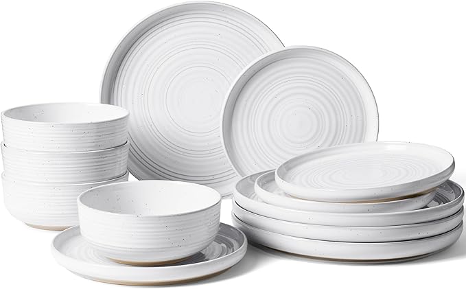 Stoneware Dinnerware Sets, Plate and Bowl Sets for 4, 12 Pieces Spiral Flared Dishware Set with Speckles & Reactive Glaze - Microwave and Dishwasher Safe Tableware, White