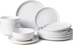 Stoneware Dinnerware Sets, Plate and Bowl Sets for 4, 12 Pieces Spiral Flared Dishware Set with Speckles & Reactive Glaze - Microwave and Dishwasher Safe Tableware, White