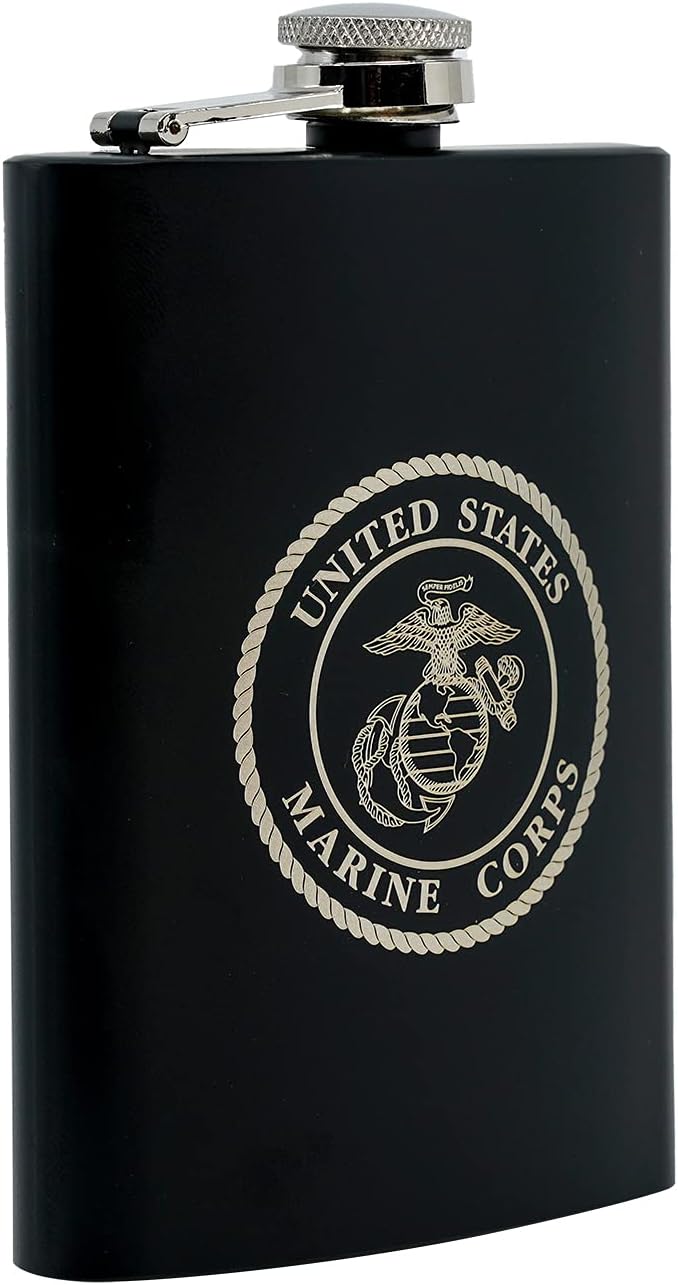 Stainless Steel Hip Flask for Liquor – Matte Black, Great Gift Idea for Marines | USMC 8oz Flask Black
