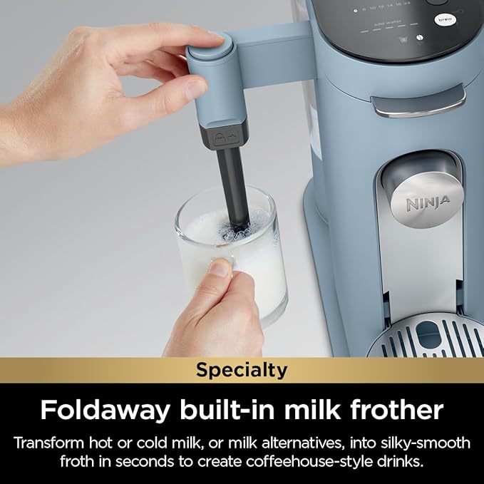 Ninja Pod & Grounds Specialty XL Single-Serve Coffee Maker, K-Cup Pod Compatible, Brews Grounds, Compact Design, Built-In Milk Frother, 68-oz. Reservoir, 6oz. Cup-24oz. Mug Sizes, Denim Blue, PB055ABL