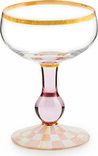 MACKENZIE-CHILDS Coupe Glass, Decorative Stemmed Cocktail Glass, 11 Ounces, Pink-and-White Rosy Check