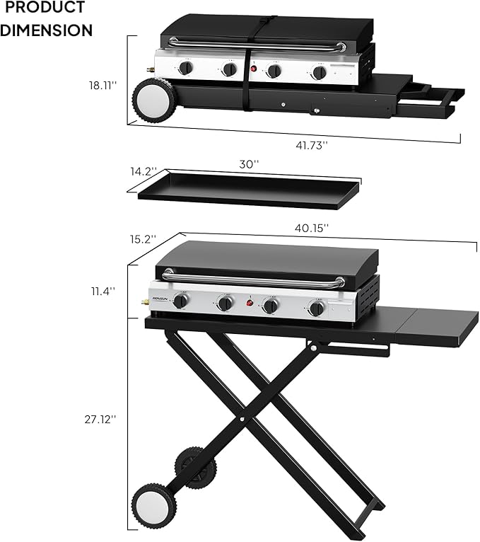 ROVSUN 4 Burner Foldable Propane Griddle with Wheels, Enameled Tray & Lid, 40000 BTU Portable Rolling Flat Top Gas Grill with Electronic Ignition & Regulator for Outdoor Cooking Camping BBQ Tailgating