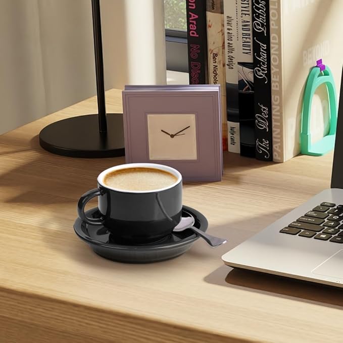 homEdge Premium Espresso Shot Cups and Saucers Set with Espresso Stainless Steel Spoons - 2.5 oz, Set of 4, Black