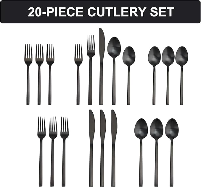 20 Piece Silverware Set for 4,Stainless Steel Flatware Set,Tableware Cutlery Set for Home and Restaurant Include Forks Knives Spoons,Mirror Finish,Dishwasher Safe (Black)