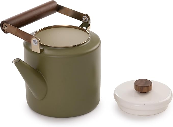 Barebones 2-Tone Enamel Teapot - Vintage Inspired Design - Baked Stainless Steel Rim - FSC Certified Natural Walnut Handle Tea Kettle - 1.5 Liters, 6 Cups (Olive Drab)