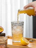 6pcs Vintage Drinking Glasses Set, 12 oz Clear Highball Glasses, Embossed Ribbed Glassware Cups for Cocktail, Water, Juice, Coffee, Whiskey