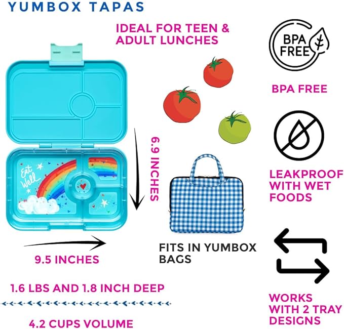 Yumbox Tapas (Antibes Blue Rainbow) - Large Leakproof Bento Lunch Box for Adults/Kids, 4 Compartments, Healthy Portion Control, Dishwasher Safe, BPA-Free, Durable & Lightweight - 4.2 Cups Capacity