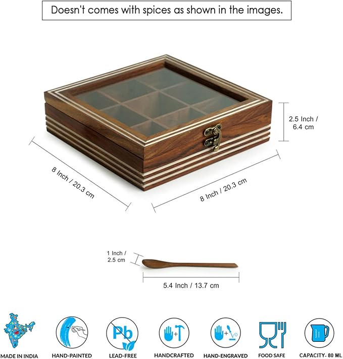 ExclusiveLane Wooden Spice Box | Masala Dabba with 9 Compartments | Size - 8x8x2 inches | Namak Daani with Spoon & See Through Lid | Sheesham Wood Spices Organizer | Kitchen Spices Container