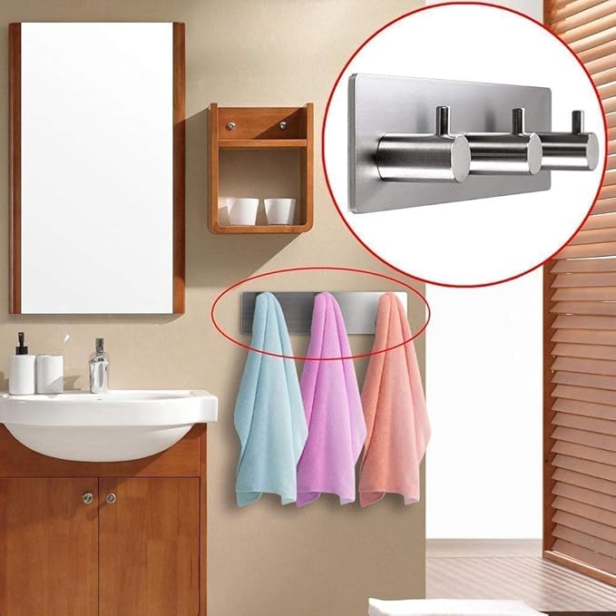 Self Adhesive Stainless Steel Hooks, Wall Mounted Heavy Duty Hanger, Key Rack Towel Hooks for Bathroom, Living Room, Kitchen (3 Hooks)