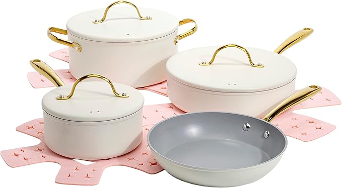 Paris Hilton Iconic Nonstick Pots and Pans Set, Multi-layer Nonstick Coating, Matching Lids With Gold Handles, Made without PFOA, Dishwasher Safe Cookware Set, 10-Piece, Cream