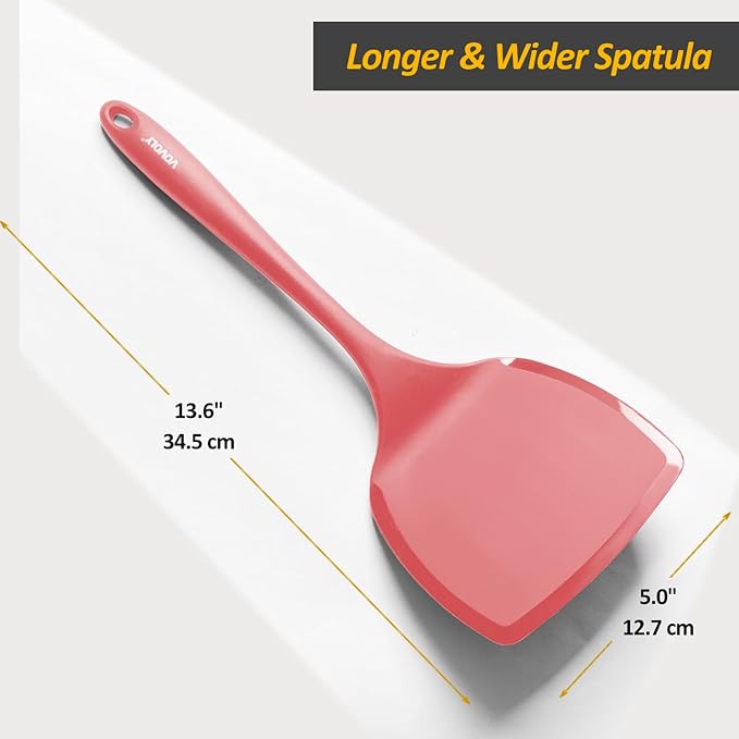 Silicone Pancake Spatula Turner with Lengthened Handle& Seamless Design, Heat Resistant Cooking Spatulas for Nonstick Cookware, Large Flexible Kitchen Utensils, Flipper for Egg, Pancake, Burger, Red