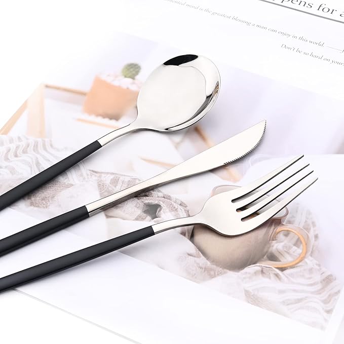 Black Silver 24Pcs Flatware Set With Stand, Lightweight Dinnerware Set Stainless Steel Cutlery With Black handles For Home Kitchen Wedding Party And Daily Use,Service For 6, Mirror Polish