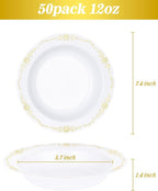50 Pack White Plastic Bowls with Gold Rim, 12oz Disposable Soup Bowl, Heavy Duty Dinner Bowls for Party, Weddings, Dinners, Catering and Everyday Use