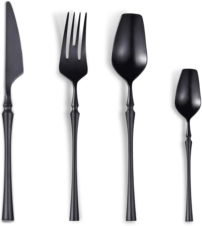 Lemeya 24-Piece Black Silverware Set for 6,Modern 18/10 Stainless Steel Flatware Set,Unique Rustic Cutlery Utensils Set,Spoon and Fork Set for Home, Restaurant,Wedding,Mirror Polished,Dishwasher Safe