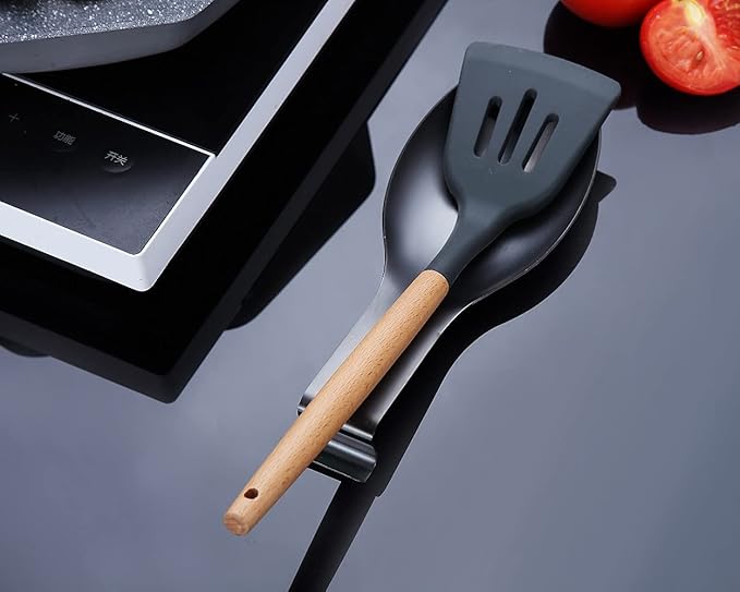 Matte Black Spoon Rest, Stainless Steel Spoon Holder for Stove Top, kitchen utensils Holder for Ladles, Tongs, Spatula, Stove Spoon Holder, Pot Lid Holder, Dishwasher Safe (2PC-9.5 Inch)