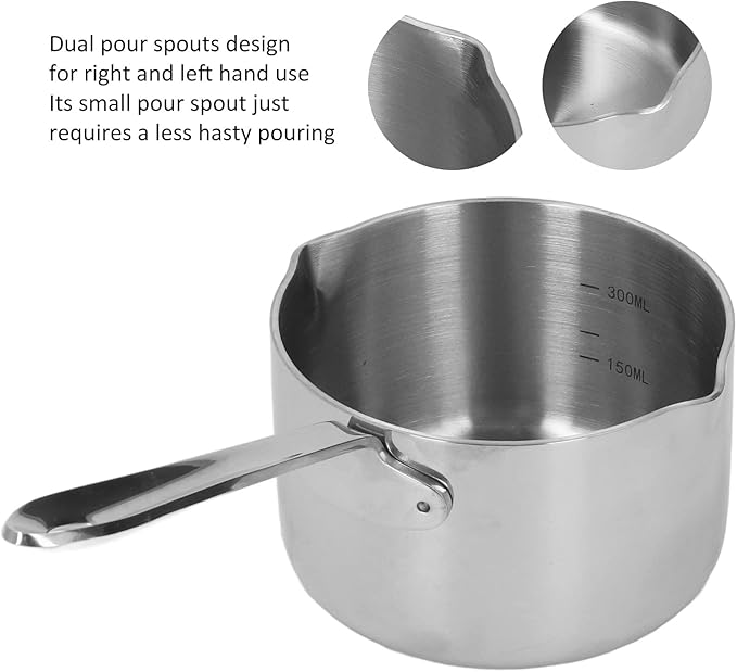 Butter Warmer, 0.5Qt/300ml Mini Milk Warmer Pot Stainless Steel Coffee Pots Saucepan Butter Melting Pot with Dual Pour Spout for Coffee Tea Soup Warming