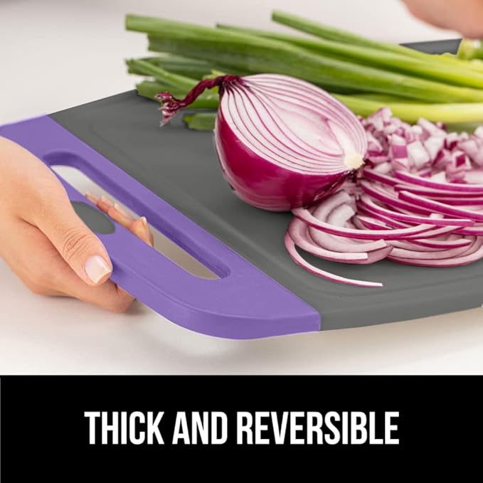 GORILLA GRIP BPA-Free Reversible Kitchen Cutting Board Set of 3, US Designed, Nonporous, Juice Grooves Catch Liquid, Slip Resistant Border, Dishwasher Safe, Durable Food Chopping Boards, Purple Gray