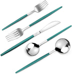 Mirror Silver Green Silverware Set, 20-Piece Stainless Steel Flatware Set, Satin Finish tableware Cutlery Set, Service for 4, Home and Restaurant, Dishwasher Safe