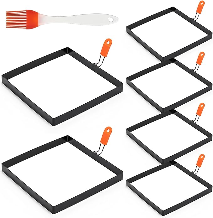 Patelai 6 Pack Square Egg Ring 4 Inch and 6 Inch Stainless Steel Frying Egg Molds Griddle Pancake Shapers with Orange Silicone Handle Oil Brush for Household Breakfast Omelette Sandwich Cooking Tool