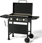 KingChii 28" 3-Burner Griddle with Integrated Protective Hood and Counter Height Side Shelves, Powder Coated Steel, Black