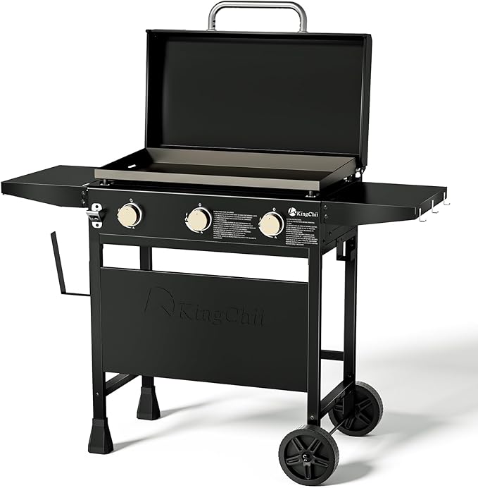 KingChii 28" 3-Burner Griddle with Integrated Protective Hood and Counter Height Side Shelves, Powder Coated Steel, Black