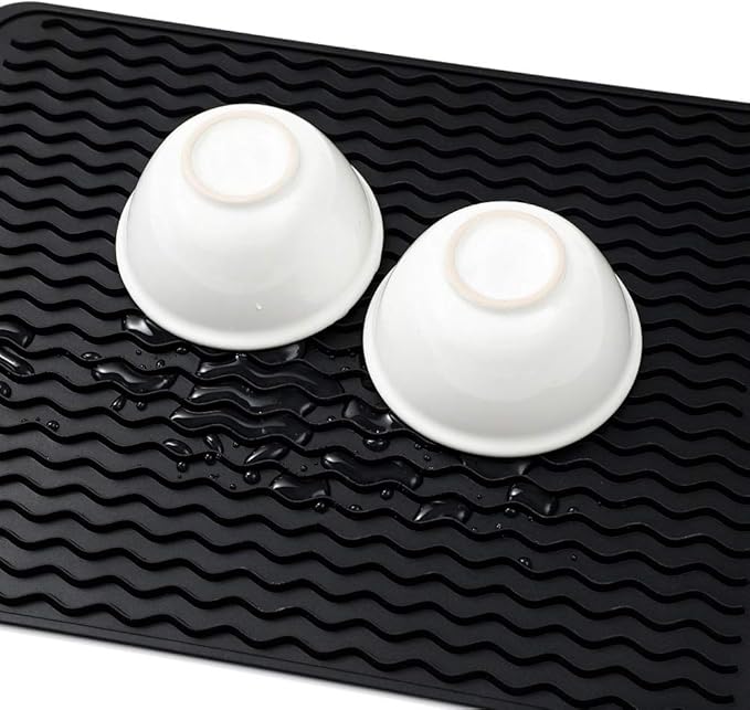 Silicone Dish Drying Mat for Multiple Usage,Easy clean,Eco-friendly,Heat-resistant Silicone Mat for Kitchen Counter or Sink,Refrigerator or drawer liner Black L 16 inches x 12 inches