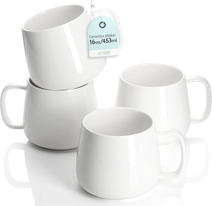 Teocera 16oz Ceramic Coffee Mugs Set of 4 – Stackable Latte Cups, Microwave, Dishwasher & Oven Safe – Ideal for Coffee, Cappuccino, Hot Chocolate, Housewarming Gifts，White