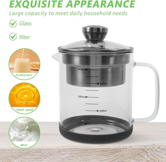 Juice Strainer Yogurt Strainer with Lid - Stainless Steel Soy Nut Milk Filter Food Maker - Iced Tea Pitcher Juice Tea Filter Pot with Scale for Making Yogurt Soybean Milk, 1.5L