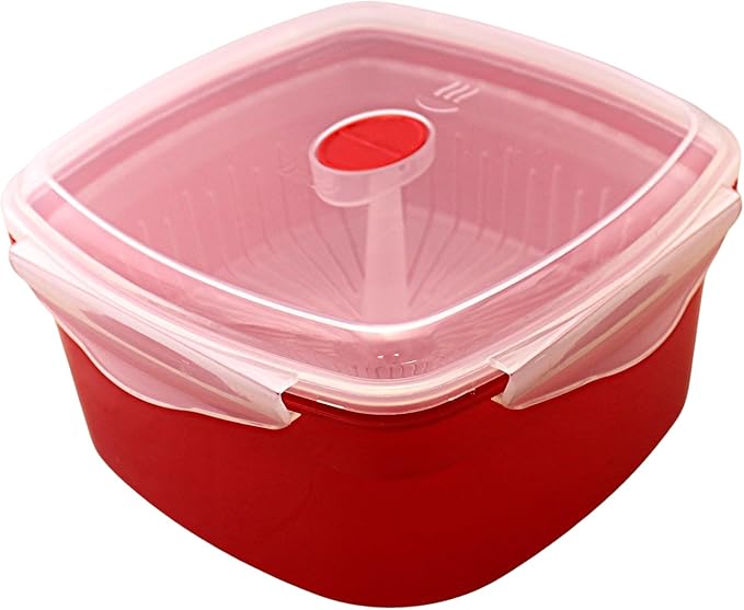 Microwave Vegetable Steamer Cooker for Healthy Cooking and Quick Meals, Cook Vegetables, Fish & Poultry, BPA-Free with Removable Strainer and Locking Vent Lid, 2.47L by Dependable Industries (Red)