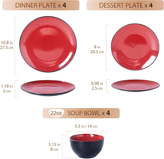 Plates and Bowls Sets for 4 - CJDC-QUELO 12-Piece Stoneware Dinnerware Sets, Ceramic Dishware Set for Indoor Kitchen Use and Formal Dining, Chip and Scratch Resistant Microwave Dishwasher Safe, Red