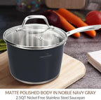 HOMICHEF Matte Polished NICKEL FREE Stainless Steel 2.5 QT Sauce Pan with Glass Lid (No Toxic Non Stick Coating) - Navy Gray Non Toxic Stainless Steel Induction Saucepan with Lid