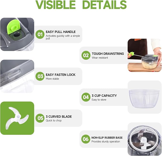 Manual Food Processor Vegetable Chopper, Portable Hand Pull String Garlic Mincer Onion Cutter for Veggies, Ginger, Fruits, Nuts, Herbs, etc., 500ml,（Gray-green）