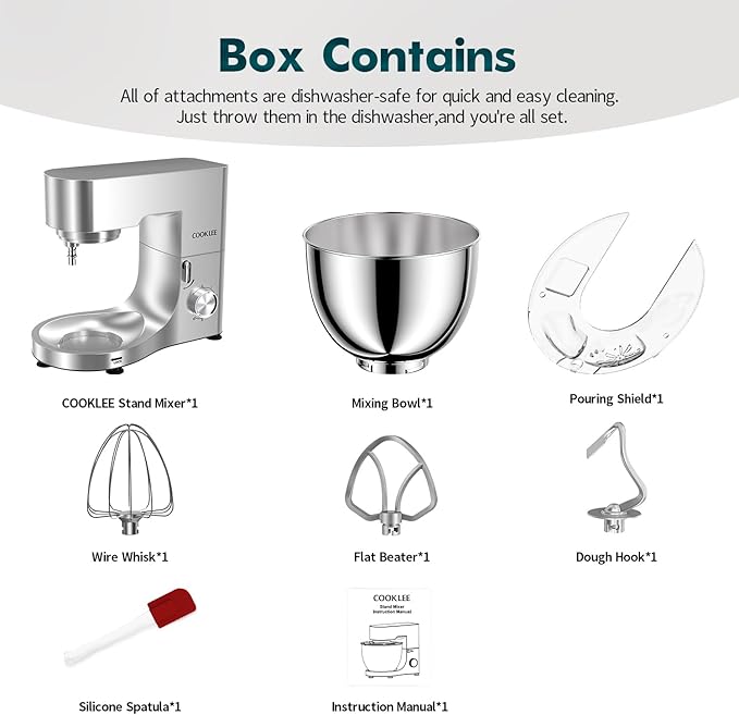 COOKLEE Stand Mixer, 9.5 Qt. 660W 10-Speed Electric Kitchen Mixer with Dishwasher-Safe Dough Hooks, Flat Beaters, Wire Whip & Pouring Shield Attachments for Most Home Cooks, Silver