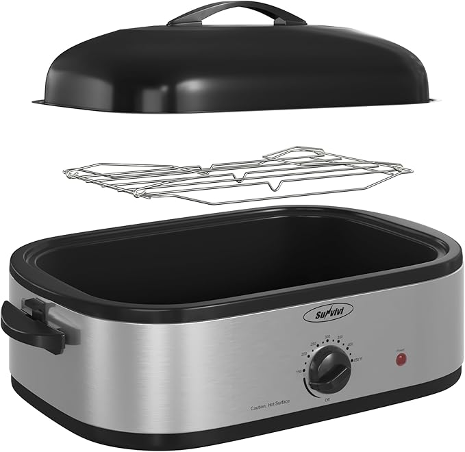 Sunvivi 14-Quart Electric Roaster Oven with Self-Basting Lid, Turkey Roaster Oven with Rack, Stainless Steel, Silver