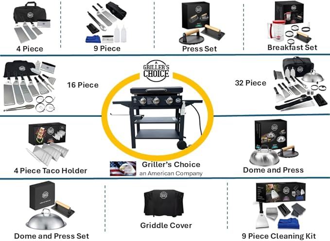 Griller's Choice Gas Griddle with Hinged Hood & Wind Guards, 4 Shelves, Propane Griddle for Flat Grills Outdoor Cooking, Front Grease Management, Steel Flattop Grills Surface, Precision Heat Control
