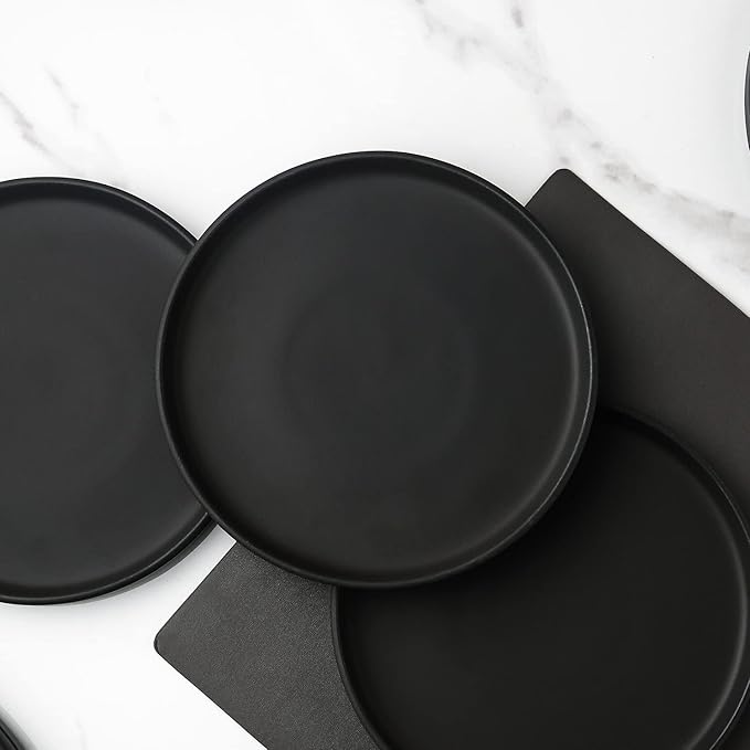 Stone Lain Coupe - Celina Stoneware Round Dinner Plates Set, 4-Piece, Black Matte