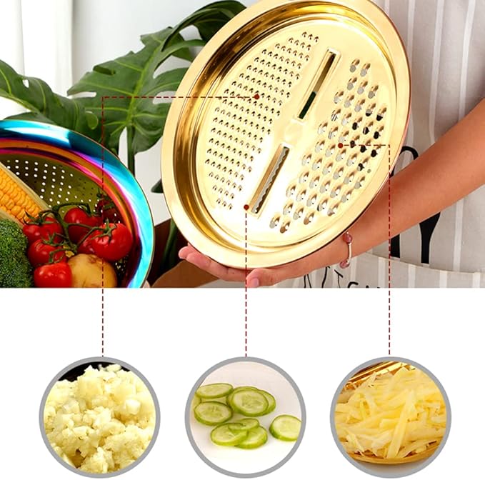 3PC/Set Colander set Stainless Steel Vegetable Slicer Fruit Potato Peeler Carrot Grater Strainer Utensil Round Rice Washer Bowl Drain Basket-Gold