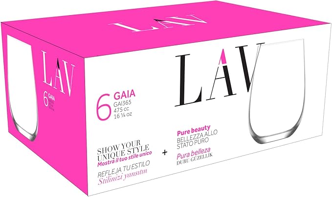 LAV Stemless Red & White Wine Glasses Tumbler Set of 6 - Drinking Glassware for Water Champagne Martini Mimosa Prosecco Cocktail Sangria - Short 16 oz No Stem Glasses Dishwasher Safe