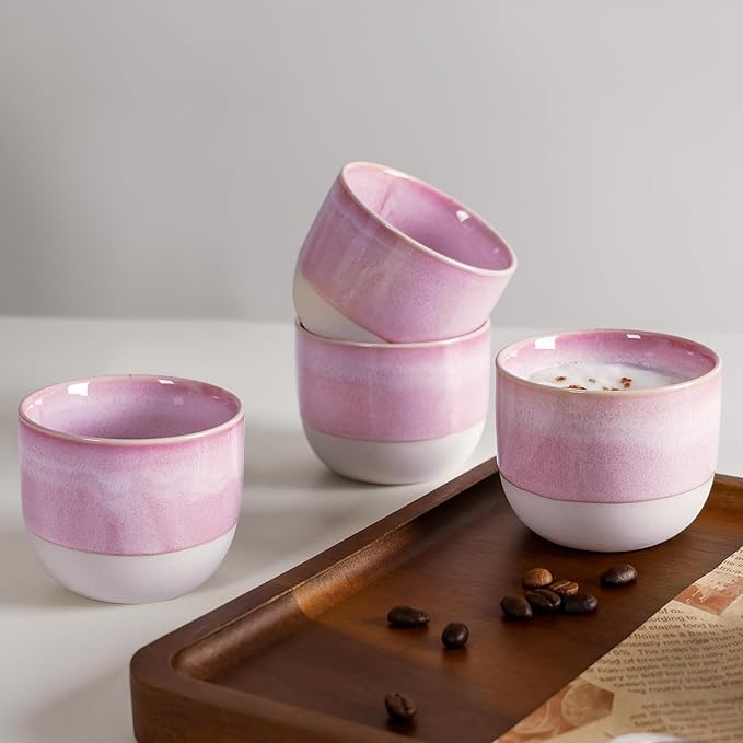 INGOFIN Ceramic Espresso Cup Set - Espresso Cup Set for Coffee and Tea, Espresso Shot Mug, Espresso Mug for Home, Kitchen and Restaurant, Microwave & Freezer Safe, Pack of 4, Pink